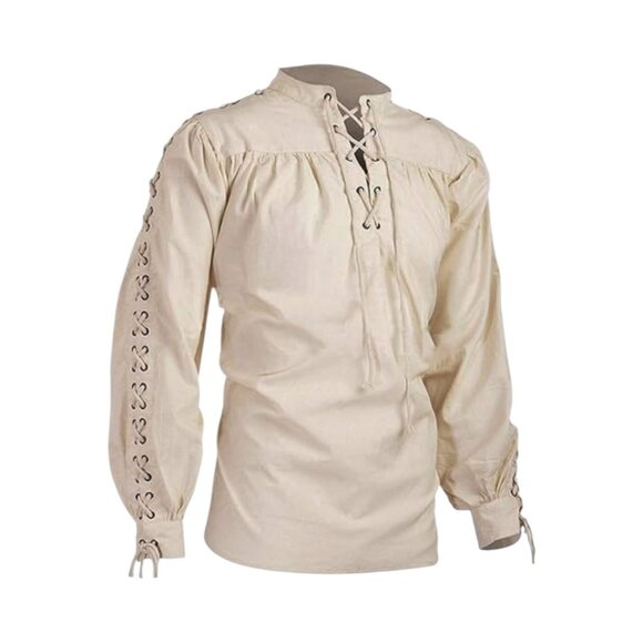 Mens Large Medieval Renaissance Lace-Up Linen Shirt Beige Long Sleeve Pirate - Picture 4 of 12